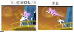 Size: 1080x469 | Tagged: safe, edit, edited screencap, imported from derpibooru, screencap, princess cadance, shining armor, alicorn, pony, unicorn, epic wife tossing, female, image macro, impact font, male, mare, meme, shitposting, stallion, this bitch empty, vulgar, yeet