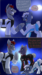 Size: 884x1560 | Tagged: safe, artist:charlie-bad-touch, deleted from derpibooru, imported from derpibooru, oc, oc:arcturus, pony, alec ryder, armor, blushing, clothes, commander shepard, embarrassed, face tattoo, facial tattoo, freckles, mass effect, mass effect: andromeda, n7, n7 armor, pathfinder, speech bubble, thirsty