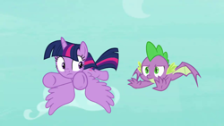 Size: 1280x720 | Tagged: safe, imported from derpibooru, screencap, spike, twilight sparkle, alicorn, molt down, flying, twilight sparkle (alicorn), winged spike, wings