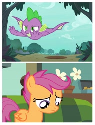 Size: 3106x4096 | Tagged: safe, imported from derpibooru, screencap, scootaloo, spike, pegasus, pony, molt down, everyone but scootaloo can fly, female, filly, male, sad, scootaloo can't fly, scootasad, winged spike, wings