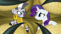 Size: 1280x720 | Tagged: safe, imported from derpibooru, screencap, rarity, zecora, bird, roc, unicorn, zebra, molt down, claw, female, mare