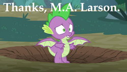 Size: 1280x720 | Tagged: safe, edit, edited screencap, imported from derpibooru, screencap, spike, dragon, molt down, alidragon, crater, male, meme, solo, spread wings, thanks m.a. larson, winged spike, wings