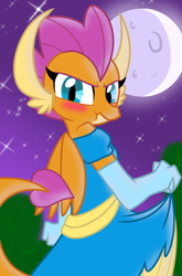 Size: 800x1214 | Tagged: safe, artist:emositecc, imported from derpibooru, smolder, dragon, blushing, clothes, dragoness, dress, female, full moon, girly, gloves, hilarious in hindsight, long gloves, looking back, moon, night, princess smolder, puffy cheeks, smolder also dresses in style, solo, stars, tomboy taming, upset, wavy mouth