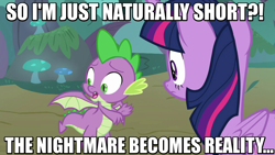 Size: 1062x598 | Tagged: safe, edit, edited screencap, imported from derpibooru, screencap, spike, twilight sparkle, alicorn, dragon, pony, molt down, distressed, duo, female, image macro, male, mare, meme, puberty, short, twilight sparkle (alicorn), winged spike, wings