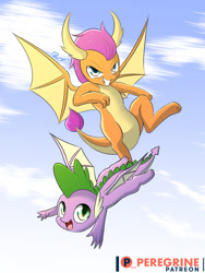 Size: 600x800 | Tagged: safe, artist:phoenixperegrine, imported from derpibooru, smolder, spike, dragon, molt down, cloud, dragoness, female, flying, looking at you, male, patreon, patreon logo, sky, smiling, winged spike, wings