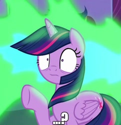 Size: 424x436 | Tagged: safe, edit, edited screencap, imported from derpibooru, screencap, twilight sparkle, alicorn, molt down, cropped, female, fire, fire breath, meep, meme, question mark, twilight sparkle (alicorn), windswept mane