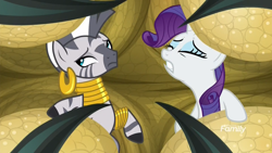 Size: 1920x1080 | Tagged: safe, imported from derpibooru, screencap, rarity, zecora, bird, pony, roc, unicorn, zebra, molt down, captured, claws, discovery family logo, duo, ear piercing, earring, eyeroll, eyes closed, female, gritted teeth, jewelry, leg rings, mare, neck rings, piercing, talons