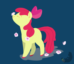 Size: 2427x2121 | Tagged: safe, artist:drutheredpanda, imported from derpibooru, apple bloom, earth pony, pony, colored hooves, eyes closed, female, filly, flower, flower on nose, solo, squint, walking