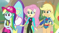 Size: 1280x720 | Tagged: safe, imported from derpibooru, screencap, applejack, fluttershy, rainbow dash, blue crushed, equestria girls, equestria girls series, applejack's hat, cap, clothes, cowboy hat, female, geode of empathy, geode of shielding, geode of sugar bombs, geode of super speed, geode of super strength, geode of telekinesis, hat, magical geodes, rash guard, surfboard, swimsuit, wetsuit