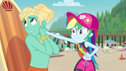 Size: 1280x720 | Tagged: safe, imported from derpibooru, screencap, gladys, rainbow dash, zephyr breeze, blue crushed, equestria girls, equestria girls series, baseball cap, belly button, cap, clothes, geode of super speed, hat, magical geodes, midriff, partial nudity, rainbow dash is not amused, surfboard, topless, unamused