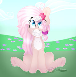 Size: 1025x1036 | Tagged: safe, artist:moonlightdisney5, artist:thatonefluffs, imported from derpibooru, oc, oc only, oc:lotus, earth pony, pony, female, flower, mare, sitting, solo