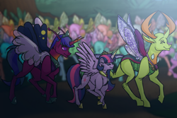 Size: 1800x1200 | Tagged: safe, artist:percy-mcmurphy, imported from derpibooru, thorax, twilight sparkle, oc, oc:alistair, alicorn, changedling, changeling, changepony, hybrid, pony, antennae, antlers, colored sclera, crowd, crown, cutie mark, eyes closed, family, female, horn, hybrid wings, insect wings, interspecies offspring, jewelry, king thorax, male, necklace, next generation, offspring, parent:thorax, parent:twilight sparkle, parents:twirax, public, raised hoof, regalia, shipping, size difference, smiling, straight, trio, twilight sparkle (alicorn), twirax