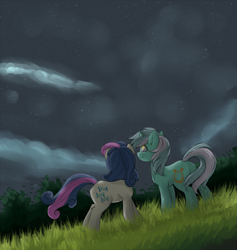 Size: 1637x1727 | Tagged: safe, artist:haruhi-il, imported from derpibooru, bon bon, lyra heartstrings, sweetie drops, earth pony, pony, unicorn, duo, female, lesbian, looking away, looking up, lyrabon, mare, night, shipping, sky, starry night