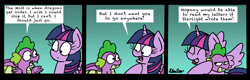 Size: 2450x781 | Tagged: safe, artist:bobthedalek, imported from derpibooru, spike, twilight sparkle, alicorn, dragon, pony, molt down, bait and switch, comic, female, hug, mare, priorities, simple background, skewed priorities, spike is not amused, teal background, twilight sparkle (alicorn), unamused, winged spike, wings