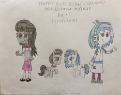 Size: 2048x1604 | Tagged: safe, artist:smurfettyblue, derpibooru exclusive, imported from derpibooru, dj pon-3, octavia melody, vinyl scratch, pony, equestria girls, human ponidox, self ponidox, simple background, text, traditional art, v&o day, vinyl and octavia day, white background