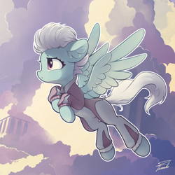 Size: 2200x2200 | Tagged: safe, artist:freeedon, imported from derpibooru, fleetfoot, pegasus, pony, clothes, cloud, female, flying, jumpsuit, looking away, sky, solo, spread wings, warmup suit, wings