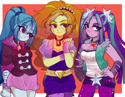 Size: 1226x945 | Tagged: safe, artist:aellira, artist:aoiriie, artist:cocktuus, artist:tolmeij, imported from derpibooru, adagio dazzle, aria blaze, sonata dusk, equestria girls, rainbow rocks, abstract background, breasts, cleavage, clothes, collaboration, female, growth spell, jewelry, looking at you, necklace, skirt, the dazzlings, trio, trio female