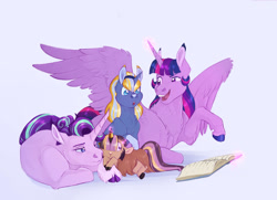 Size: 1024x740 | Tagged: safe, artist:vindhov, imported from derpibooru, starlight glimmer, twilight sparkle, oc, oc:love letter, oc:marigold twinkle, alicorn, hybrid, pony, unicorn, yakony, blue background, book, cloven hooves, coat markings, colored hooves, cute, facial markings, family, female, filly, half-siblings, interspecies offspring, lesbian, magic, mare, mother's day, ocbetes, offspring, older, parent:prince rutherford, parent:sunburst, parent:twilight sparkle, parents:twiburst, parents:twiford, shipping, simple background, snip (coat marking), socks (coat marking), socks (coat markings), step-mother, step-parent and step-child, twilight sparkle (alicorn), twistarlight