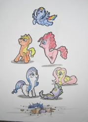 Size: 784x1098 | Tagged: safe, artist:hillbe, imported from derpibooru, applejack, fluttershy, pinkie pie, rainbow dash, rarity, spike, twilight sparkle, flying, hole, lying down, mane six, pronking, standing, traditional art