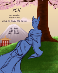 Size: 1024x1284 | Tagged: safe, artist:blackblood-queen, imported from derpibooru, anthro, auction, clothes, commission, grass, kimono (clothing), mountain, off shoulder, scenery, sketch, smiling, solo, tree, your character here