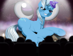 Size: 4125x3187 | Tagged: safe, artist:styroponyworks, imported from derpibooru, trixie, pony, unicorn, audience, butt, clothes, female, giant pony, hat, lying, macro, mare, plot, silhouette, smiling, solo focus, stage, trixie's hat, underhoof