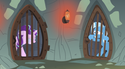 Size: 3516x1957 | Tagged: dead source, safe, artist:porygon2z, imported from derpibooru, starlight glimmer, trixie, abuse, cage, cruel, crying, downvote bait, dungeon, glimmerbuse, sad, sadlight glimmer, trixiebuse