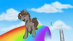 Size: 1920x1080 | Tagged: safe, artist:elisdoominika, imported from derpibooru, oc, oc only, oc:fahu, oc:sweet elis, pony, blushing, cloud, dancing, eyes closed, falis, happy, open mouth, pink fluffy unicorns dancing on rainbows, rainbow, singing, smiling