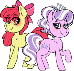 Size: 637x612 | Tagged: safe, artist:ivybrush, imported from derpibooru, apple bloom, diamond tiara, alternate hairstyle, blushing, diamondbloom, female, heart eyes, lesbian, older, older apple bloom, older diamond tiara, shipping, simple background, transparent background, wingding eyes