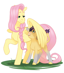 Size: 1280x1440 | Tagged: safe, artist:whisperseas, imported from derpibooru, fluttershy, oc, oc:stormhoof, hybrid, braid, cloven hooves, female, interspecies offspring, lidded eyes, male, mother and son, offspring, parent:fluttershy, parent:iron will, parents:ironshy, simple background, transparent background, wing shelter