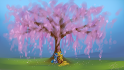 Size: 1920x1080 | Tagged: safe, artist:elisdoominika, imported from derpibooru, oc, oc:amber, oc:sweet elis, female, flower, kissing, lesbian, tree, tulpa