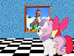 Size: 800x600 | Tagged: artist needed, safe, edit, imported from derpibooru, apple bloom, sweetie belle, checkered floor, super mario 64, super mario bros., whomp's fortress