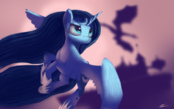 Size: 4300x2700 | Tagged: dead source, safe, artist:auroriia, imported from derpibooru, princess luna, alicorn, dragon, pony, female, flying, mare, silhouette, solo