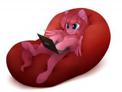 Size: 2400x1800 | Tagged: safe, artist:reysi, imported from derpibooru, oc, oc only, oc:seraphic crimson, pegasus, pony, beanbag chair, chest fluff, computer, laptop computer, on back, simple background, solo, white background