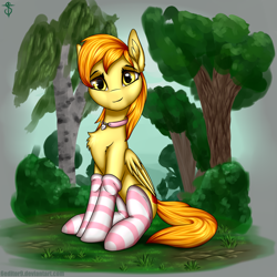 Size: 2000x2000 | Tagged: safe, artist:6editor9, artist:shidotara, imported from derpibooru, oc, oc only, pegasus, pony, clothes, collar, female, forest, sitting, socks, solo, striped socks, tree, watching, yellow eyes