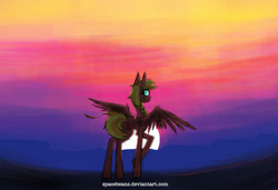 Size: 1000x683 | Tagged: safe, artist:spacebeans, imported from derpibooru, oc, oc only, oc:sunset streak, pegasus, pony, female, mare, offspring, parent:big macintosh, parent:fluttershy, parents:fluttermac, solo, spread wings, sunset, wings