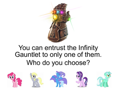 Size: 1497x1103 | Tagged: safe, imported from derpibooru, derpy hooves, lyra heartstrings, pinkie pie, starlight glimmer, trixie, adventure in the comments, infinity gauntlet, infinity gems, marvel, no matter who wins we lose, pick one, simple background, text, this will end in tears and/or death, xk-class end-of-the-world scenario