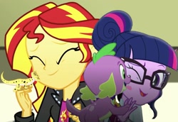 Size: 1669x1147 | Tagged: safe, edit, edited screencap, editor:php77, imported from derpibooru, screencap, ray, sci-twi, spike, spike the regular dog, sunset shimmer, twilight sparkle, dog, gecko, eqg summertime shorts, equestria girls, pet project