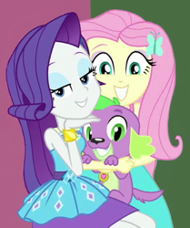 Size: 440x526 | Tagged: safe, edit, edited screencap, imported from derpibooru, screencap, fluttershy, rarity, spike, spike the regular dog, dog, equestria girls, equestria girls series, forgotten friendship, clothes, cropped, rarity peplum dress, selfie, smiling