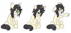 Size: 2800x1318 | Tagged: artist needed, safe, imported from derpibooru, oc, oc only, oc:floor bored, earth pony, pony, female, mare, messy hair, messy mane, sad, scotch tape, simple background, sitting, solo, white background