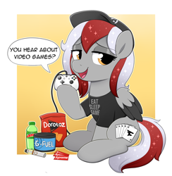 Size: 3780x3873 | Tagged: safe, artist:moozua, imported from derpibooru, oc, oc only, oc:royal flush, pegasus, pony, chips, clothed ponies, controller, ctrl alt del, doritos, faze clan, female, food, g-fuel, high roller pony con, mare, meme, mountain dew, sbubby, sitting, solo, supreme, vape, vape pen, xbox