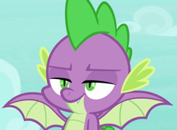 Size: 1463x1079 | Tagged: safe, imported from derpibooru, screencap, spike, dragon, molt down, cropped, cute, cute little fangs, fangs, male, smiling, smirk, smug, solo, winged spike, wings