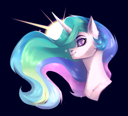 Size: 1788x1623 | Tagged: safe, artist:mp-printer, imported from derpibooru, princess celestia, alicorn, pony, black background, curved horn, female, looking at you, mare, simple background, smiling, solo