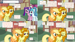 Size: 2564x1444 | Tagged: safe, artist:hakunohamikage, imported from derpibooru, adagio dazzle, applejack, aria blaze, sonata dusk, earth pony, pony, ask-princesssparkle, ask, comic, ponified, runes, the dazzlings, tumblr