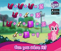 Size: 940x788 | Tagged: safe, imported from derpibooru, pinkie pie, earth pony, pony, algebra, female, gameloft, mare, math, my little pony logo, official, question mark, scroll, solo