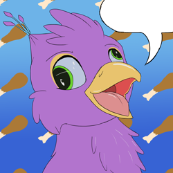 Size: 2000x2000 | Tagged: safe, artist:arcanebolt32, imported from derpibooru, oc, oc:gyro feather, oc:gyro tech, griffon, birb, bust, chicken leg, derp, griffonized, image macro, meme, portrait, species swap, speech bubble