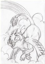 Size: 1771x2515 | Tagged: safe, artist:cutepencilcase, imported from derpibooru, oc, oc:gyro feather, oc:gyro tech, griffon, flying, griffonized, monochrome, rainbow, species swap, traditional art