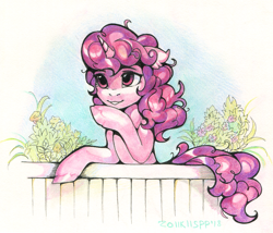 Size: 1649x1412 | Tagged: safe, artist:lispp, imported from derpibooru, sugar belle, pony, unicorn, female, fence, floppy ears, flower, mare, plant, smiling, solo, traditional art, windswept mane