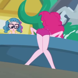 Size: 492x493 | Tagged: safe, imported from derpibooru, screencap, pinkie pie, technicolor waves, equestria girls, equestria girls series, x marks the spot, ass, balloonbutt, butt, clothes, cropped, female, glasses, legs, swimsuit