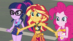 Size: 1280x720 | Tagged: safe, imported from derpibooru, screencap, pinkie pie, sci-twi, sunset shimmer, twilight sparkle, equestria girls, equestria girls series, x marks the spot, belly button, clothes, female, midriff, swimsuit, trio, trio female