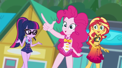 Size: 1280x720 | Tagged: safe, imported from derpibooru, screencap, pinkie pie, sci-twi, sunset shimmer, twilight sparkle, equestria girls, equestria girls series, x marks the spot, belly button, clothes, female, midriff, swimsuit, trio, trio female, varying degrees of want